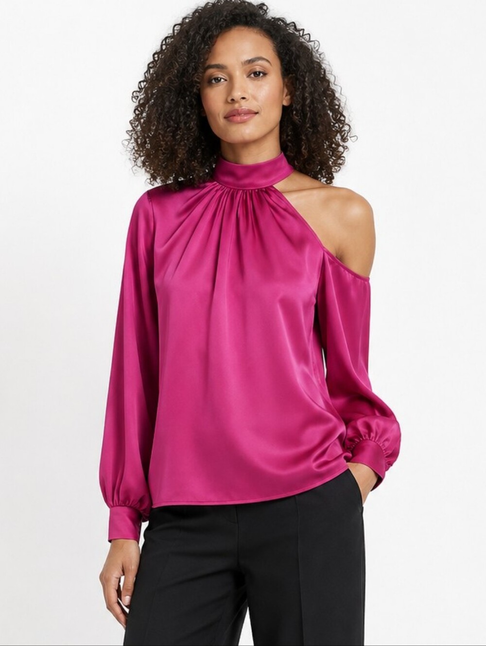Trina Turk One Shoulder Satin Georgette Blouse Magenta Pink